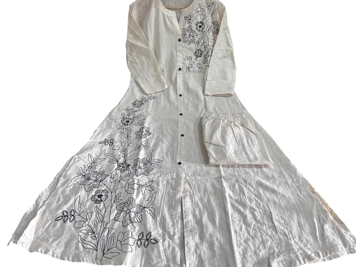 Pearl White Floral Embroidered Kurta Set with Lace Details