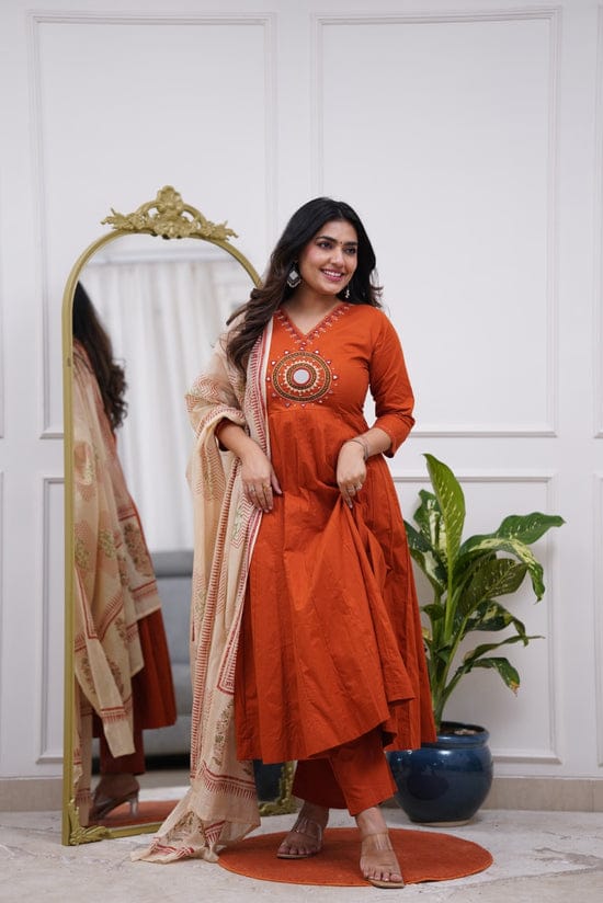 Rust Aura Embroidered Kurti Pant Set with Dupatta