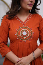 Rust Aura Embroidered Kurti Pant Set with Dupatta