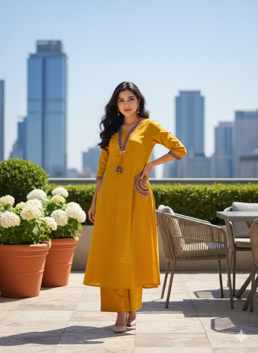 Elysian Embroidered Cotton Flex Kurti Plazo Set