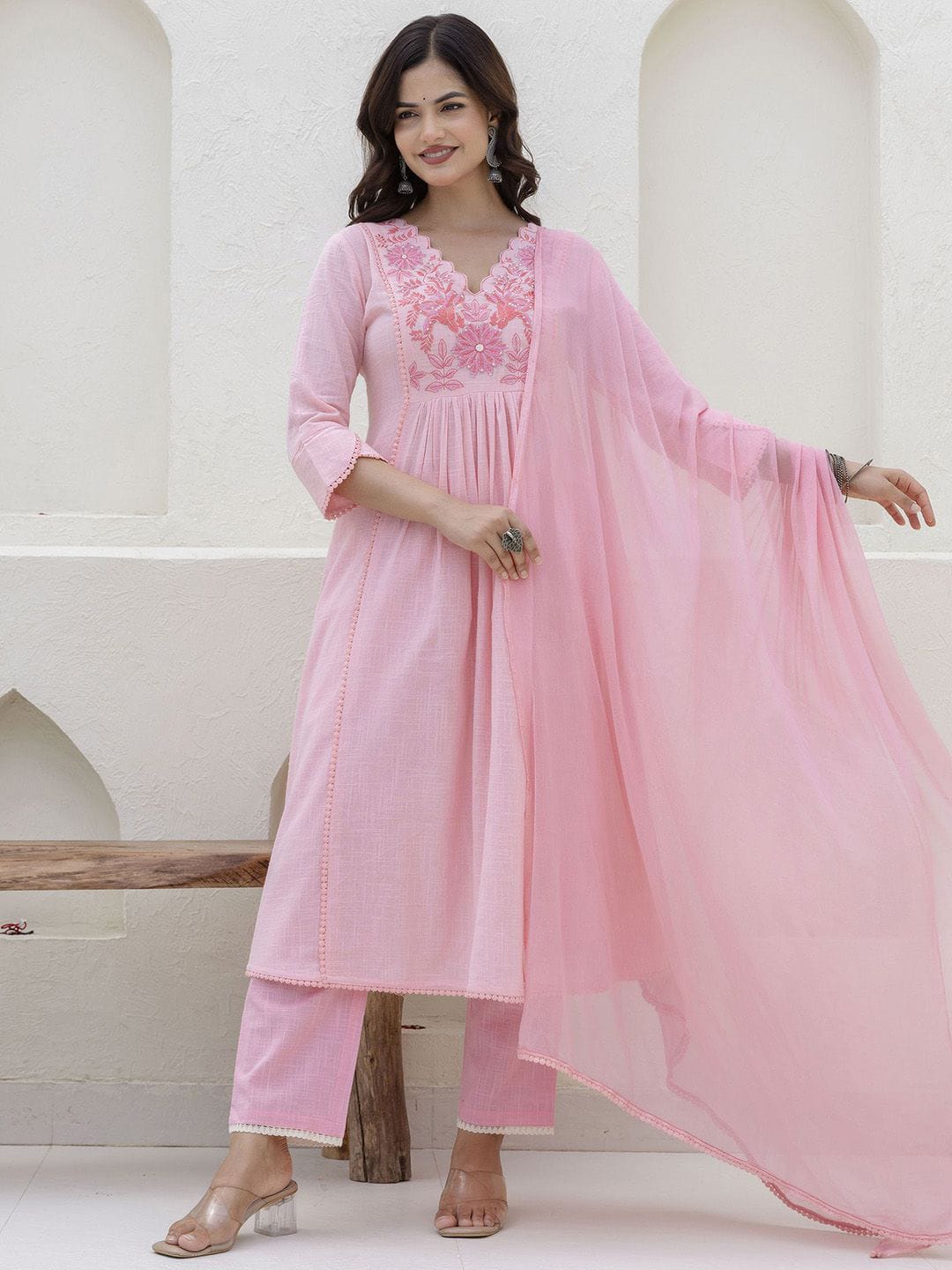 Floral Yoke Cotton Slub Kurta Pant Set with Dupatta
