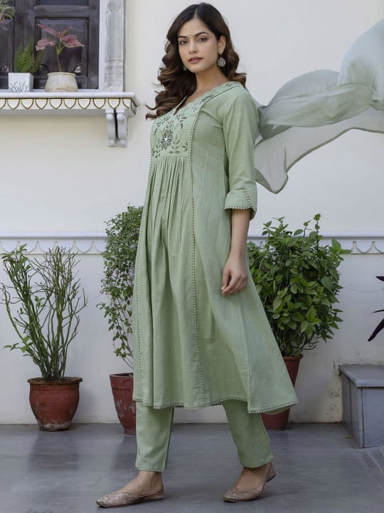 Floral Yoke Cotton Slub Kurta Pant Set with Dupatta