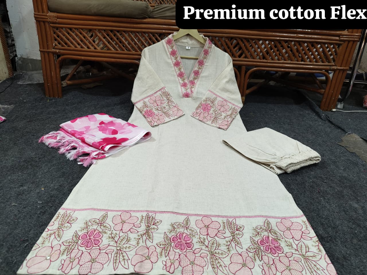 Blush Bloom Cotton Flex Embroidered Kurta Set with Kota Doriya Dupatta