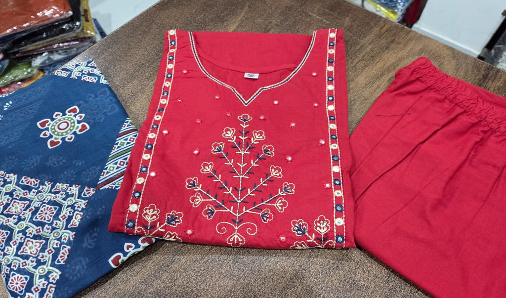 Ruby Noor Heavy Cotton Embroidered Kurta Set with Dupatta