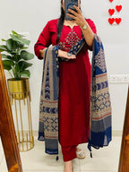 Ruby Noor Heavy Cotton Embroidered Kurta Set with Dupatta