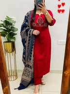 Ruby Noor Heavy Cotton Embroidered Kurta Set with Dupatta