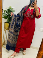 Ruby Noor Heavy Cotton Embroidered Kurta Set with Dupatta