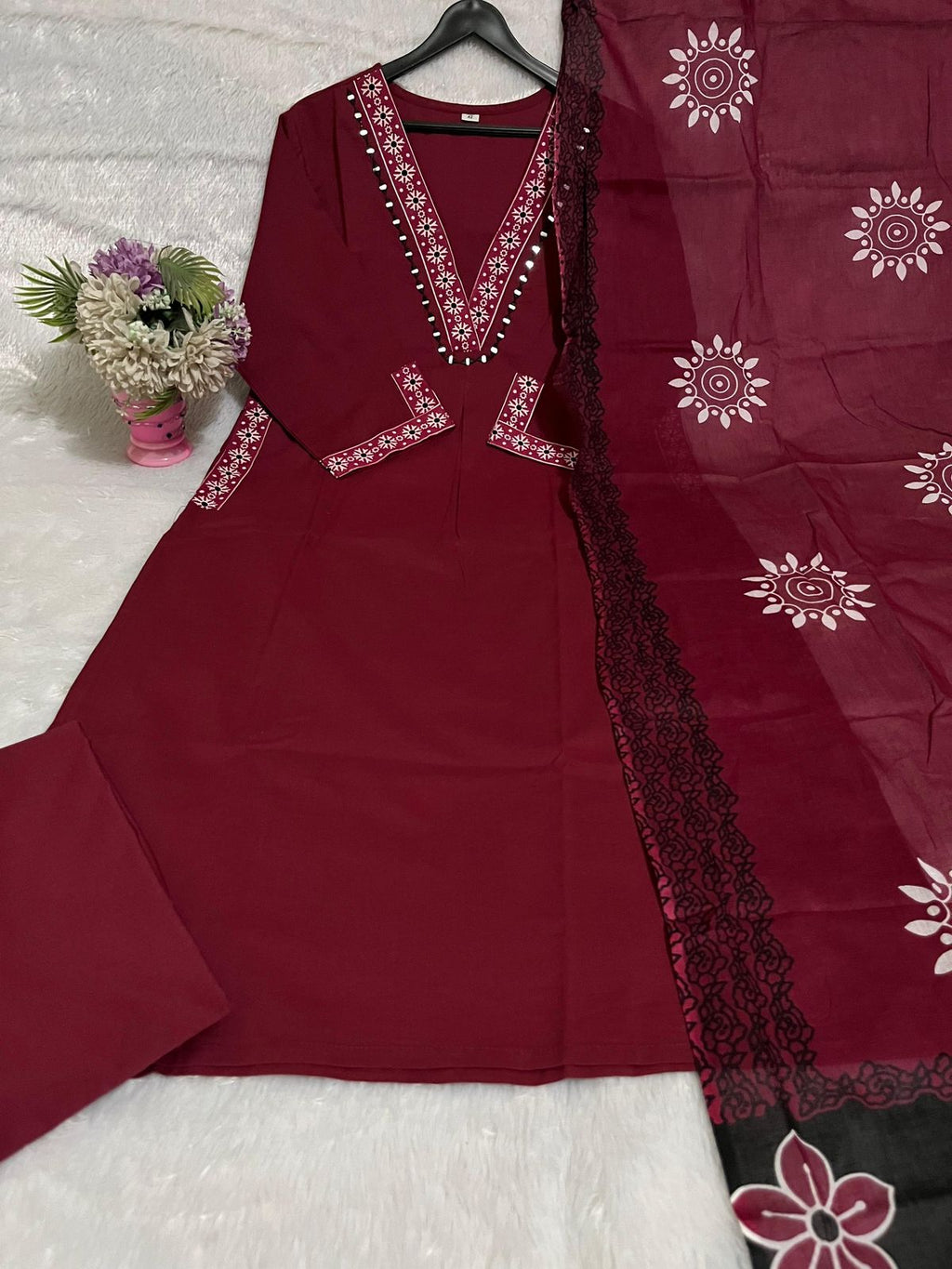 NRI Maroon V-Neck Handcrafted Cotton Kurti Set with Dupatta