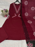 NRI Maroon V-Neck Handcrafted Cotton Kurti Set with Dupatta