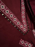 NRI Maroon V-Neck Handcrafted Cotton Kurti Set with Dupatta