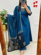 NRI Blue V-Neck Handcrafted Cotton Kurti Set with Dupatta