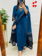 NRI Blue V-Neck Handcrafted Cotton Kurti Set with Dupatta