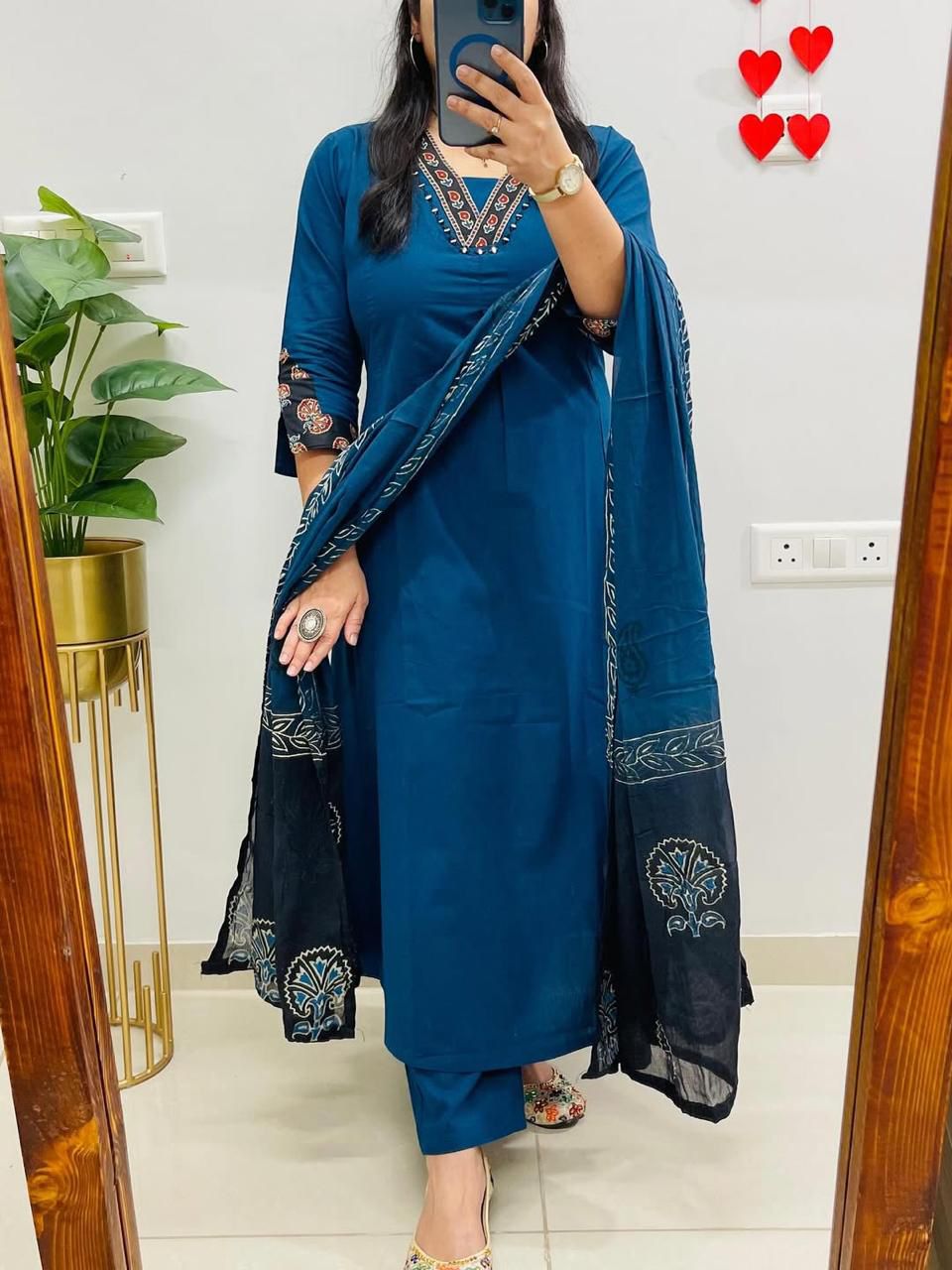 NRI Blue V-Neck Handcrafted Cotton Kurti Set with Dupatta