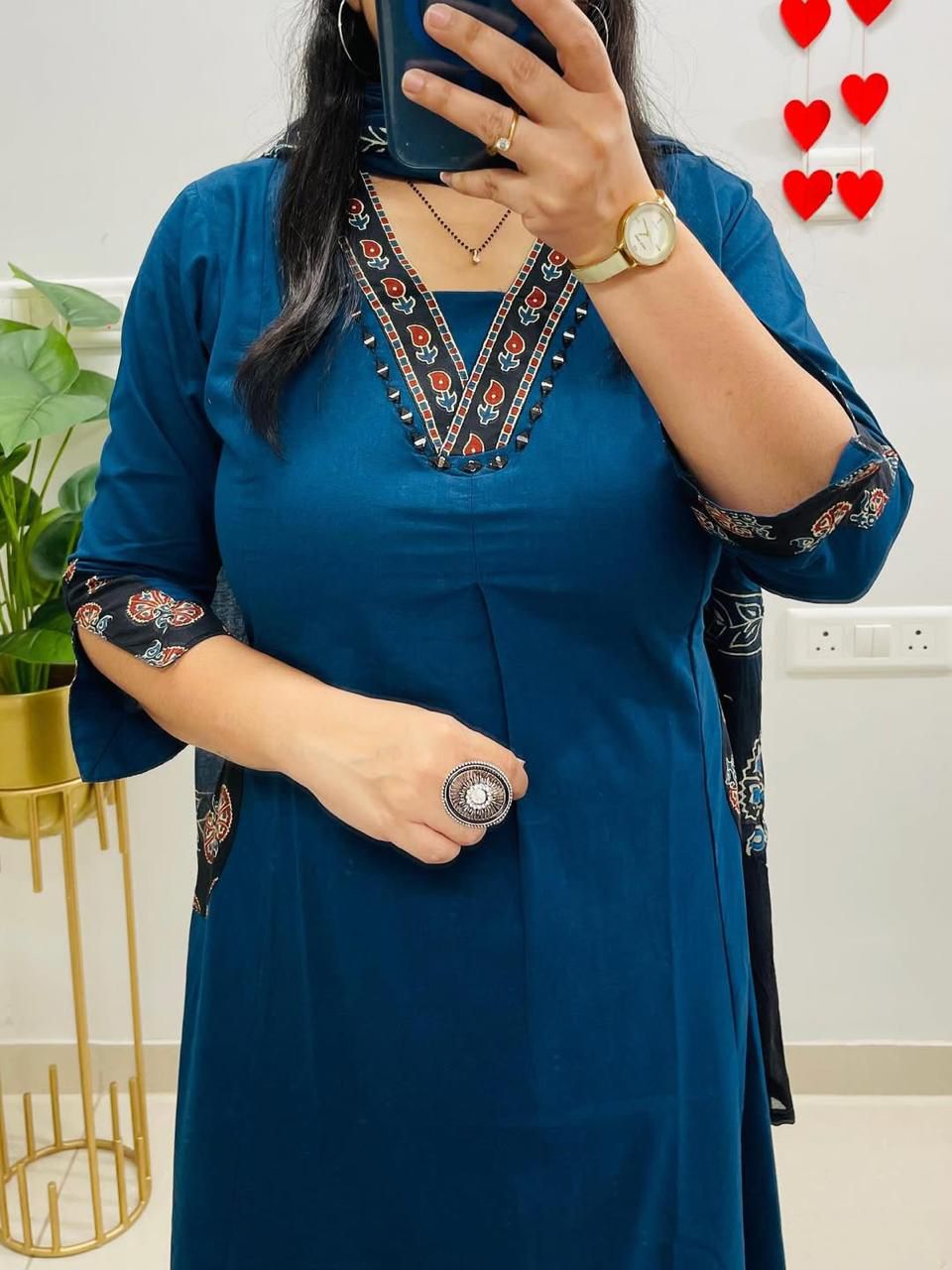 NRI Blue V-Neck Handcrafted Cotton Kurti Set with Dupatta