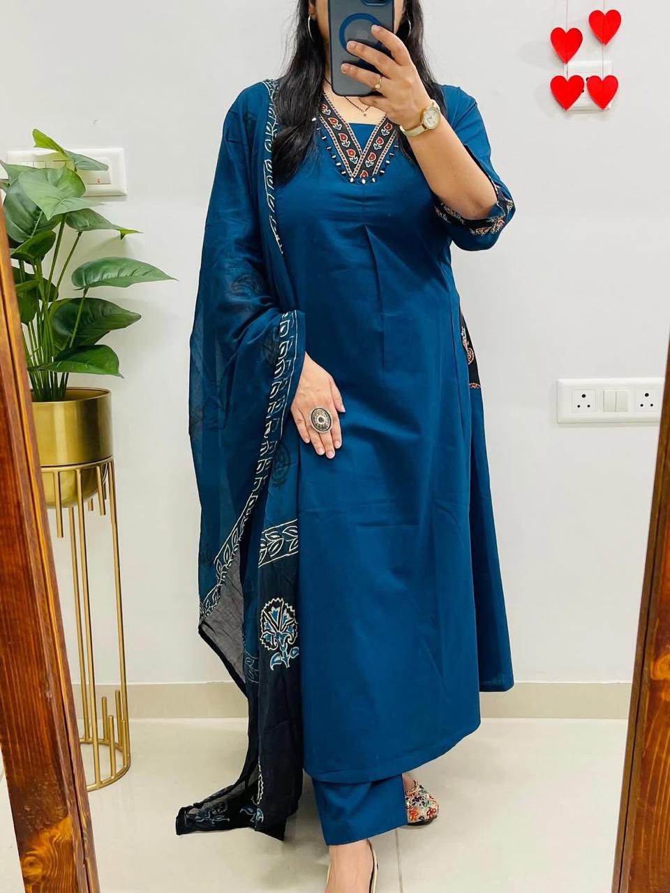 NRI Blue V-Neck Handcrafted Cotton Kurti Set with Dupatta