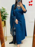 NRI Blue V-Neck Handcrafted Cotton Kurti Set with Dupatta