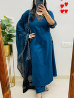 NRI Blue V-Neck Handcrafted Cotton Kurti Set with Dupatta