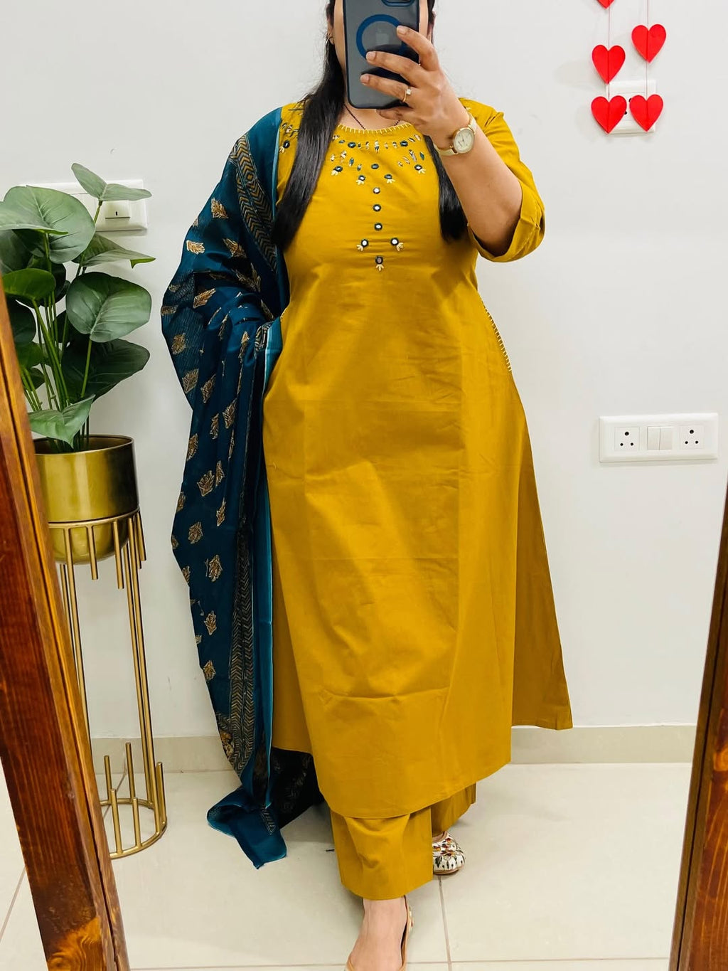 NRI Yellow Embroidered Cotton Kurti Set with Dupatta