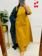 NRI Yellow Embroidered Cotton Kurti Set with Dupatta