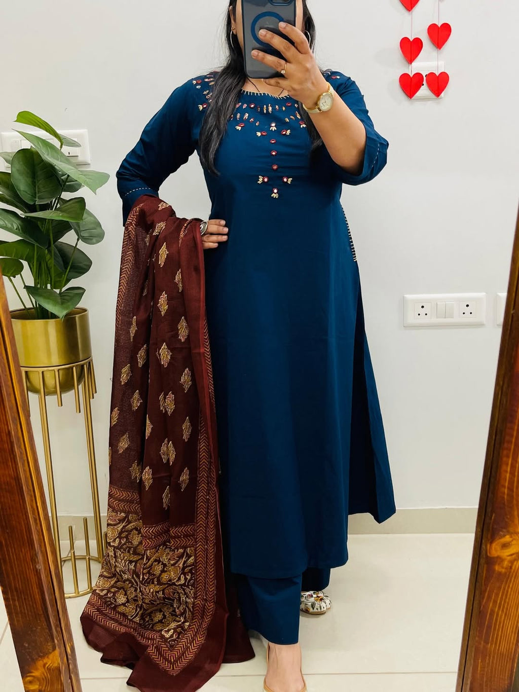NRI Blue Embroidered Cotton Kurti Set with Dupatta