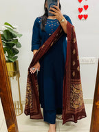 NRI Blue Embroidered Cotton Kurti Set with Dupatta