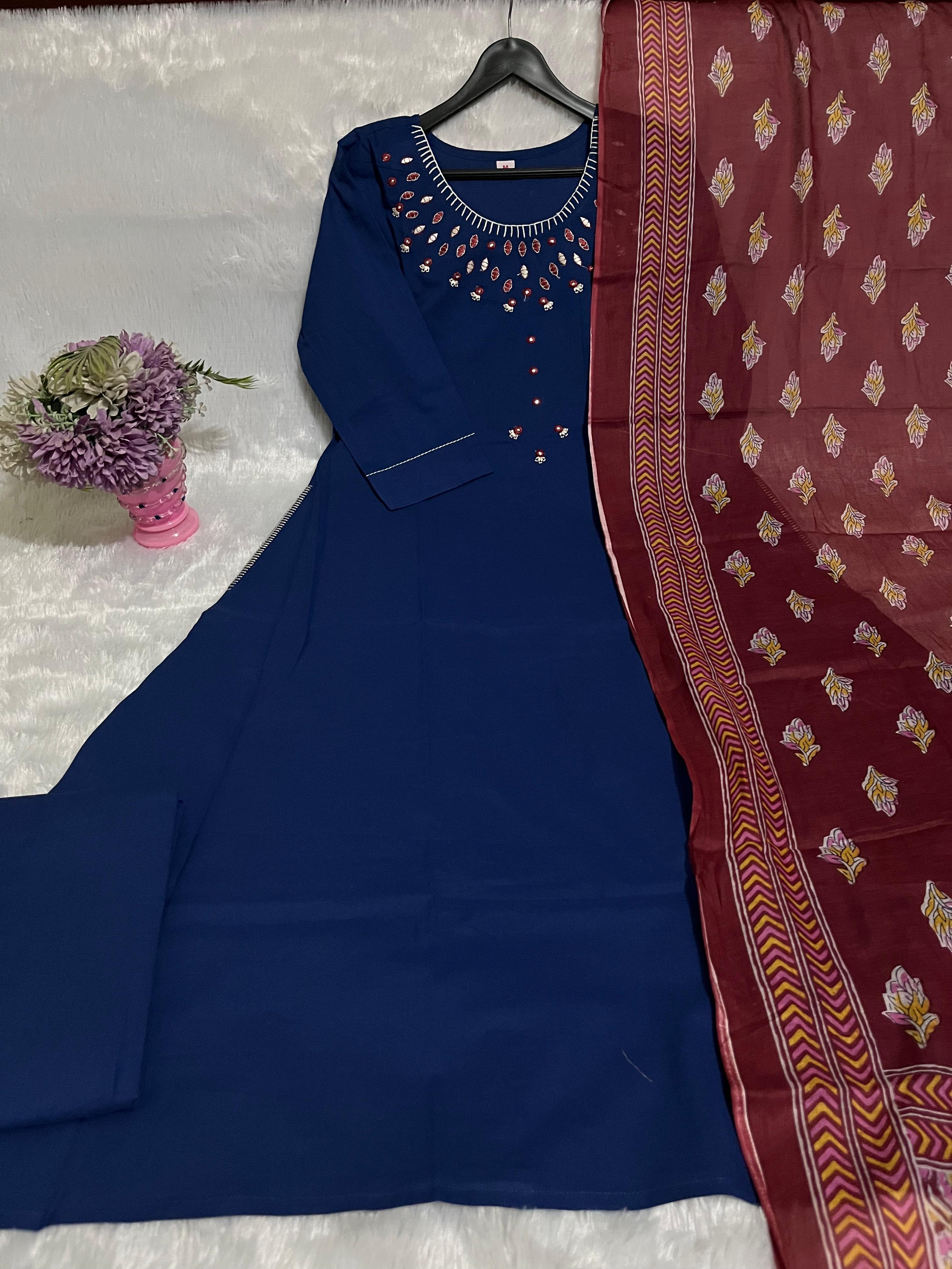 NRI Blue Embroidered Cotton Kurti Set with Dupatta