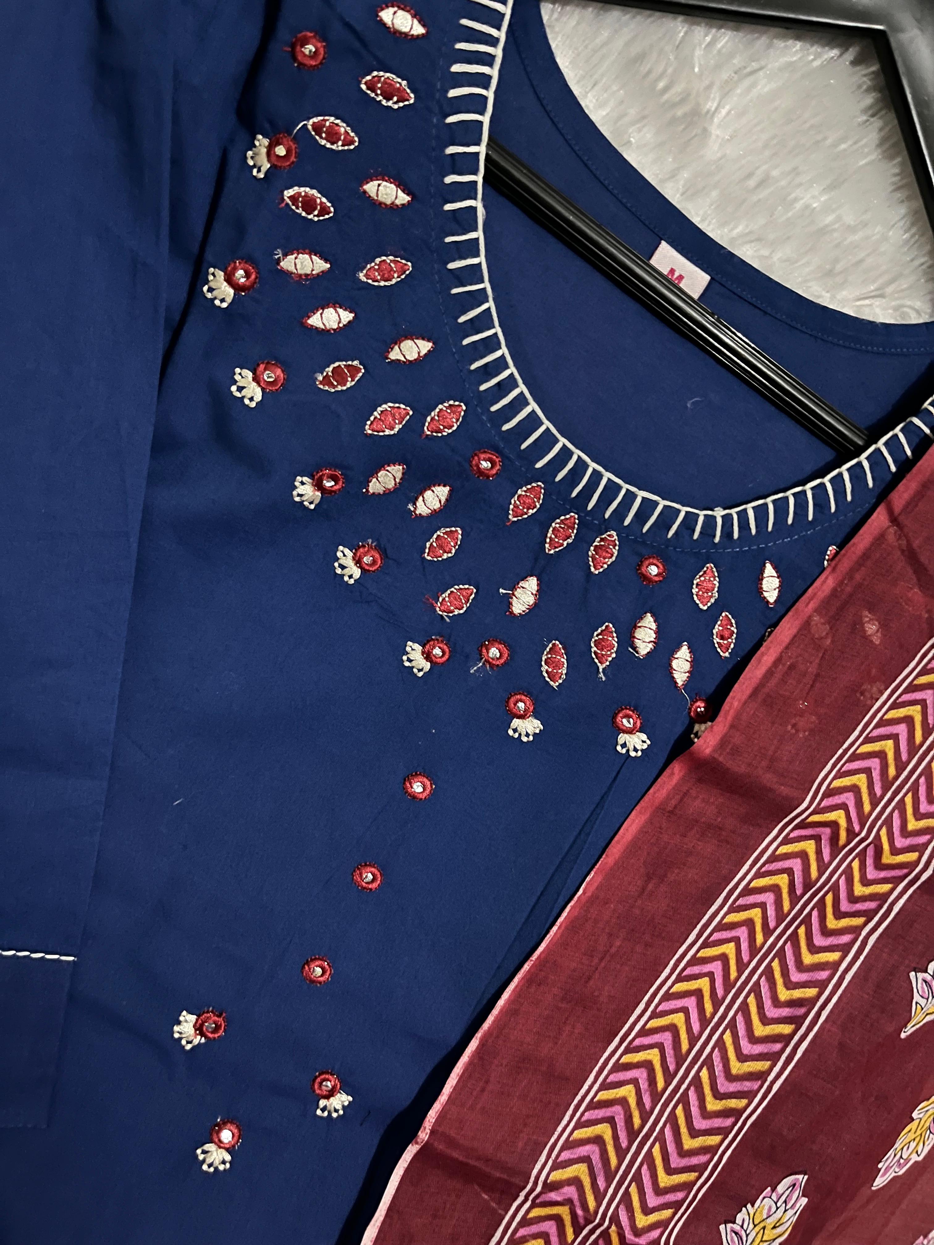 NRI Blue Embroidered Cotton Kurti Set with Dupatta