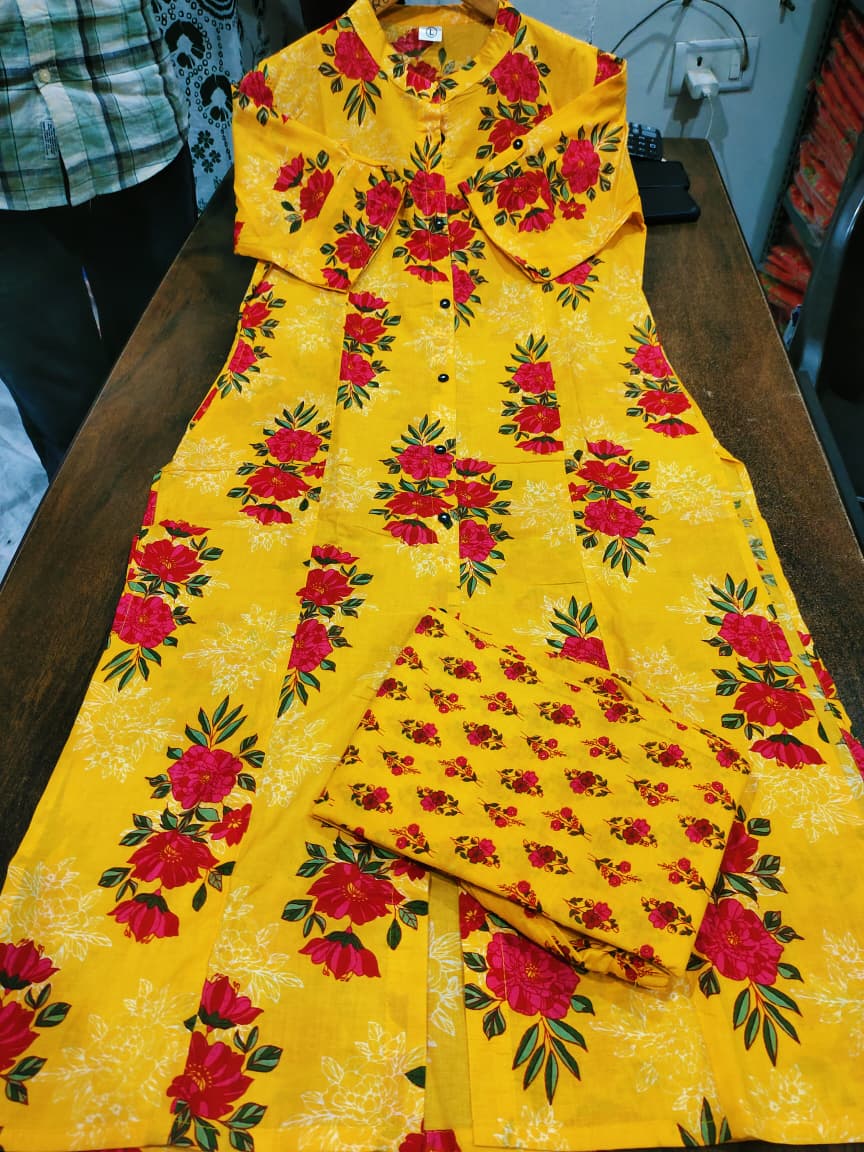 Yellow Sardar Floral Cotton Kurti Pant Set