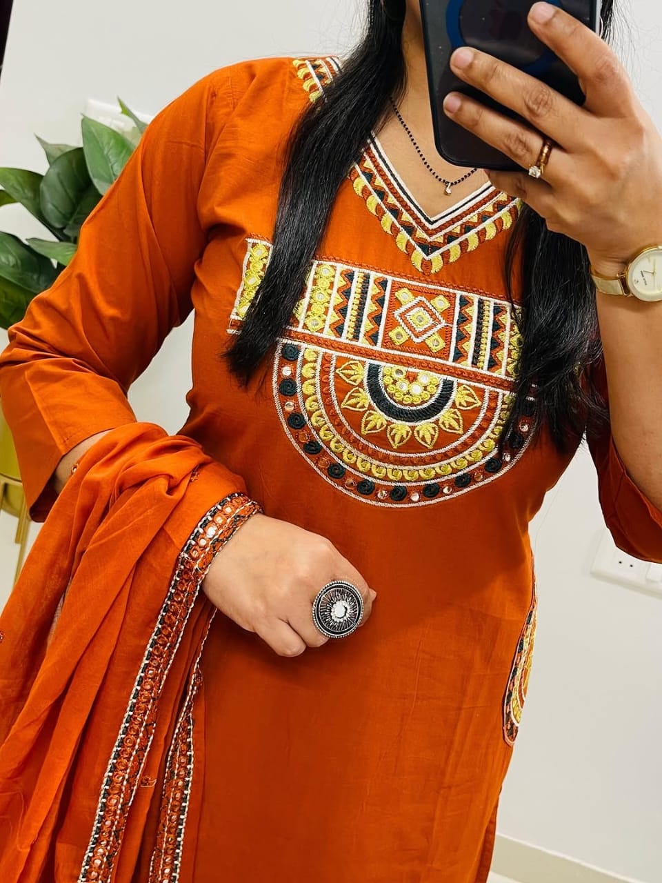 Rust Royale Embroidered Cotton Kurti Pant Dupatta Set