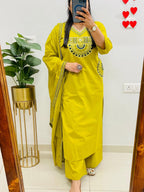 Rust Royale Embroidered Cotton Kurti Pant Dupatta Set