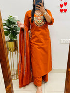Rust Royale Embroidered Cotton Kurti Pant Dupatta Set