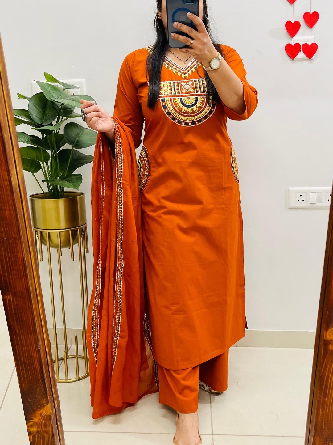 Rust Royale Embroidered Cotton Kurti Pant Dupatta Set
