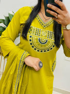 Rust Royale Embroidered Cotton Kurti Pant Dupatta Set