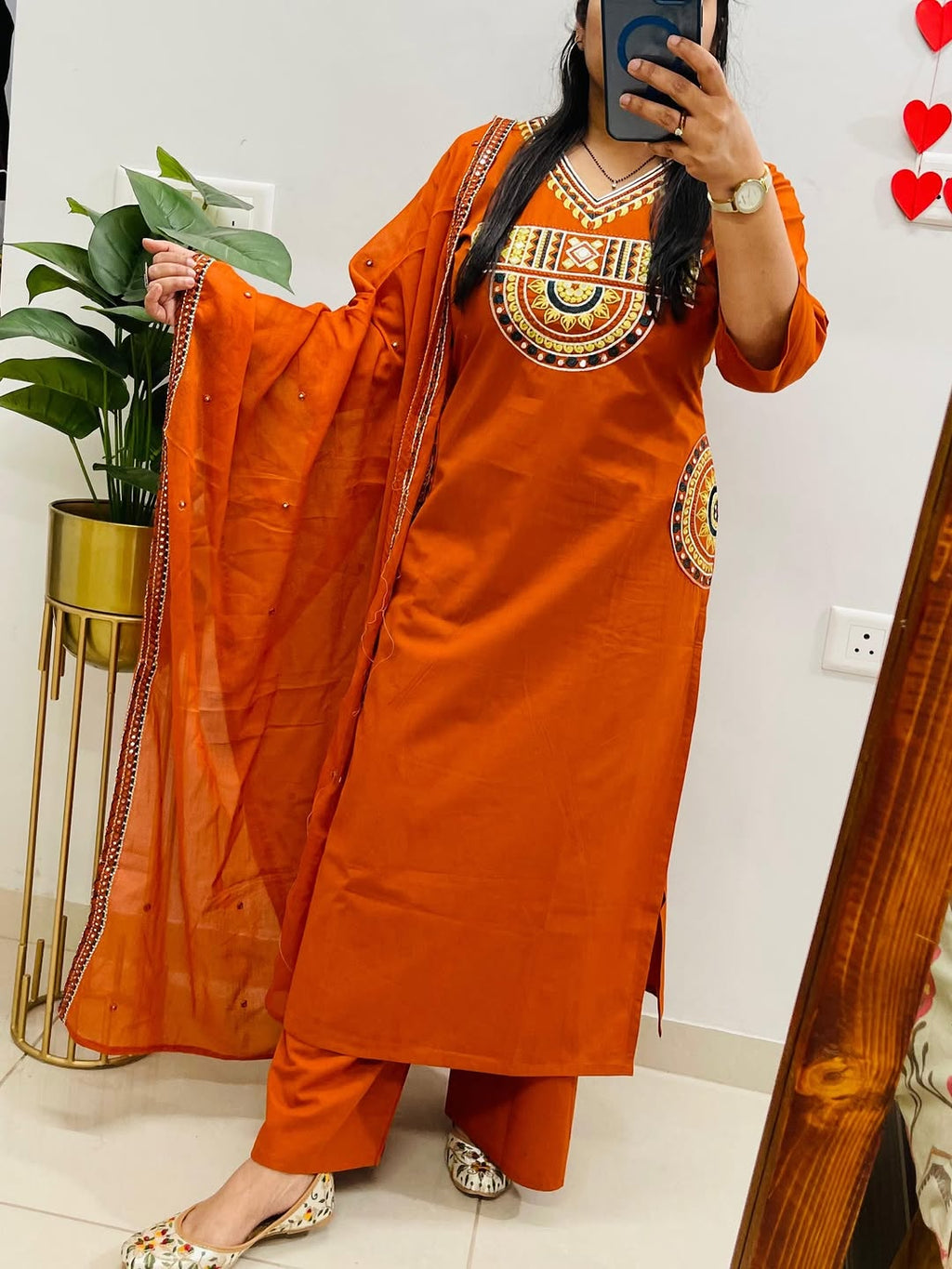 Rust Royale Embroidered Cotton Kurti Pant Dupatta Set
