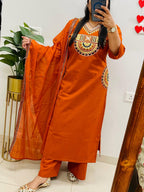 Rust Royale Embroidered Cotton Kurti Pant Dupatta Set
