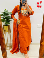 Rust Royale Embroidered Cotton Kurti Pant Dupatta Set