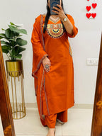 Rust Royale Embroidered Cotton Kurti Pant Dupatta Set