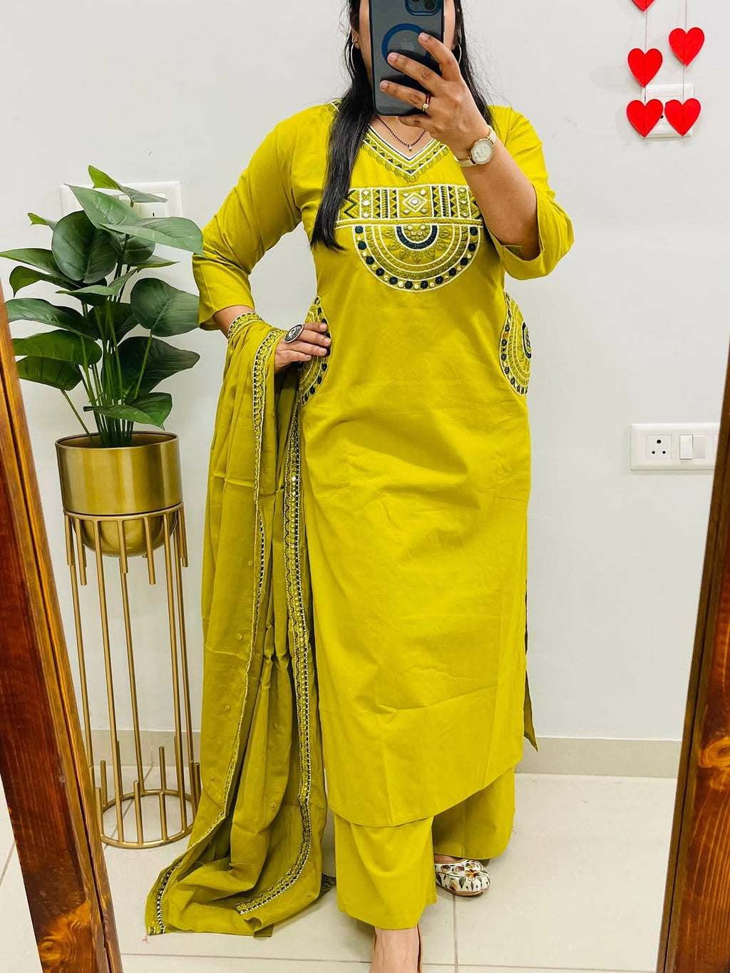 Rust Royale Embroidered Cotton Kurti Pant Dupatta Set