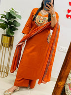 Rust Royale Embroidered Cotton Kurti Pant Dupatta Set