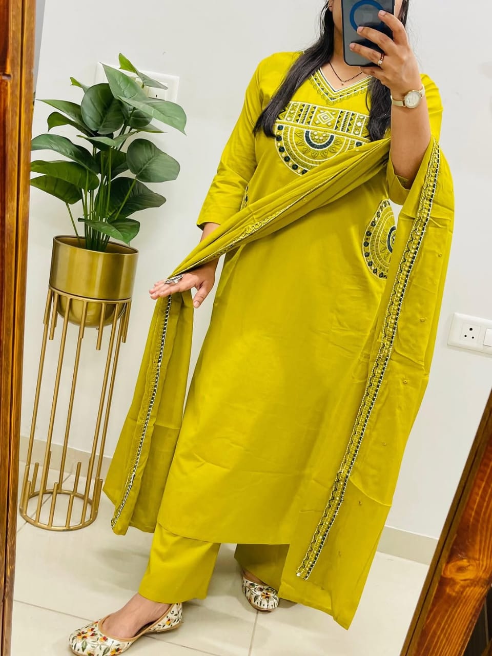 Rust Royale Embroidered Cotton Kurti Pant Dupatta Set