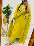 Rust Royale Embroidered Cotton Kurti Pant Dupatta Set