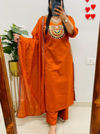 Rust Royale Embroidered Cotton Kurti Pant Dupatta Set