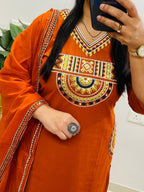 Rust Royale Embroidered Cotton Kurti Pant Dupatta Set