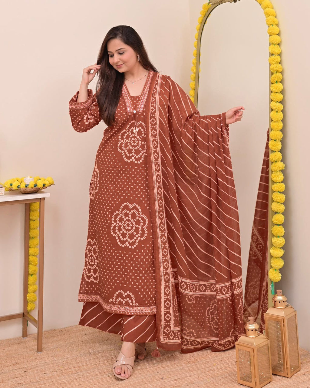 Mehroon Bandhej Grace Kurti Palazzo Dupatta Set
