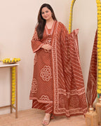 Mehroon Bandhej Grace Kurti Palazzo Dupatta Set