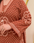 Mehroon Bandhej Grace Kurti Palazzo Dupatta Set