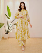 Flora Pintuck A-Line Cotton Kurta Pant Set – Mustard Bloom
