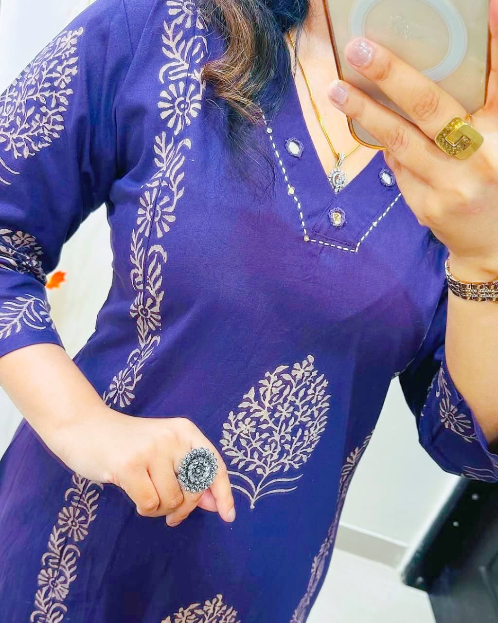 Royal Indigo Handblock Cotton Kurti Palazzo Set