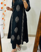 Midnight Bloom Handblock Cotton Kurti Pant Set