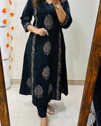 Midnight Bloom Handblock Cotton Kurti Pant Set